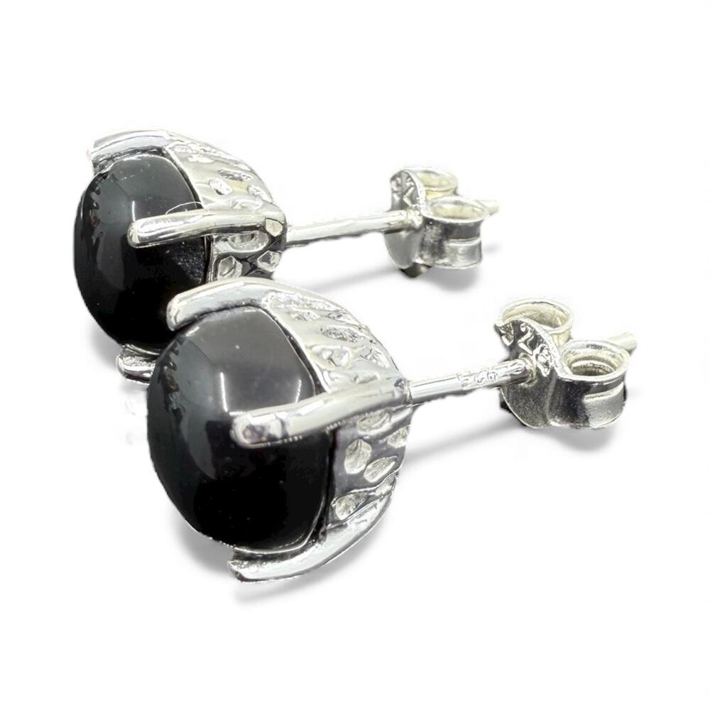 Natural Black Onyx Cabochon Stud Earrings 925 Sterling Silver Handmade